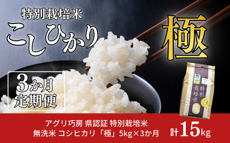 [定期便 5kg×3ヶ月] 県認証 特別栽培米 コシヒカリ 「極」 合計15kg 無洗米 令和7年産米 一等米 こしひかり 新潟県認証 白米