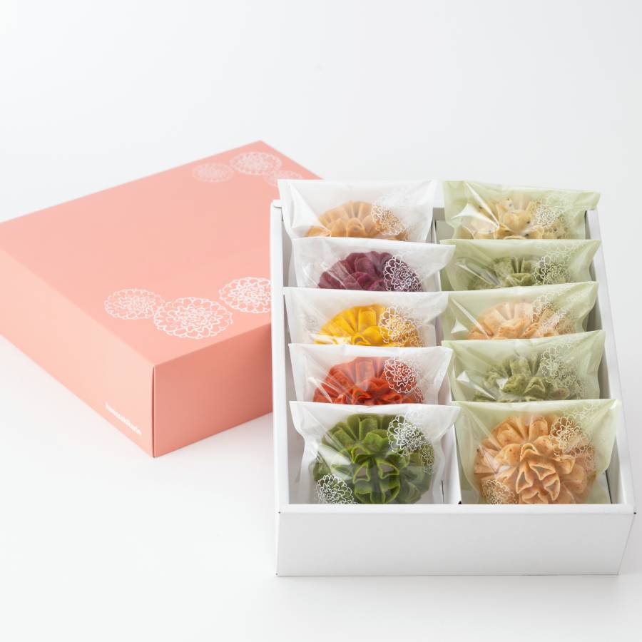 ＜賀門＞「花咲かりん塩味入り」8種（プレーン・ほうれん草・紫いも・かぼちゃ・トマト・ごま塩・あおさ塩・えび塩）計10個