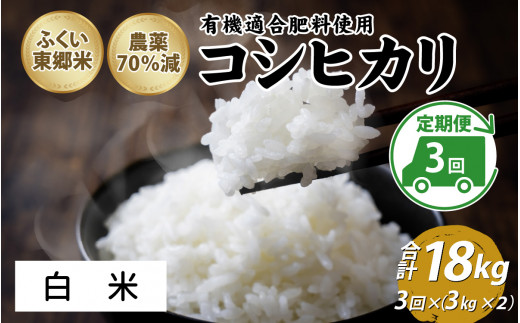 【定期便3ヶ月連続】令和6年産 ふくい東郷米 特別栽培米　農薬70％減コシヒカリ 6kg(3kg×2袋)×3ヶ月 合計18kg【白米】[E-020021_01]