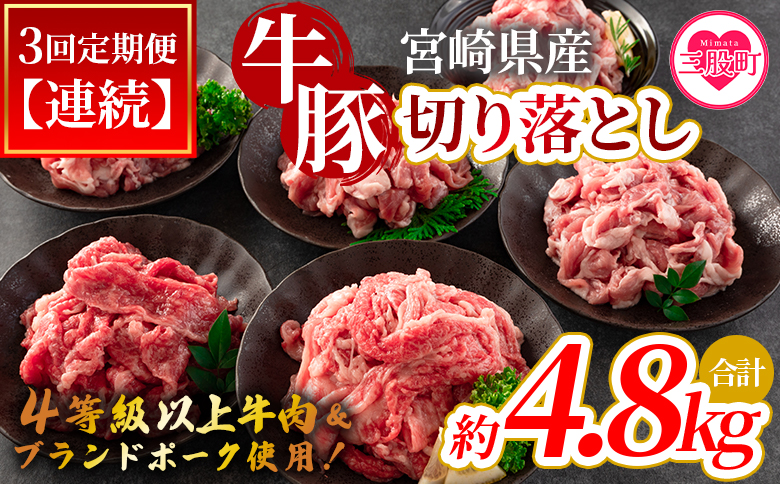 ＜【定期便】全3回連続 宮崎牛切り落とし牛肉（カタ肉）豚肉（ウデ、モモ）総量約4.8kg＞【MI413-nm-A】【ニクマル】