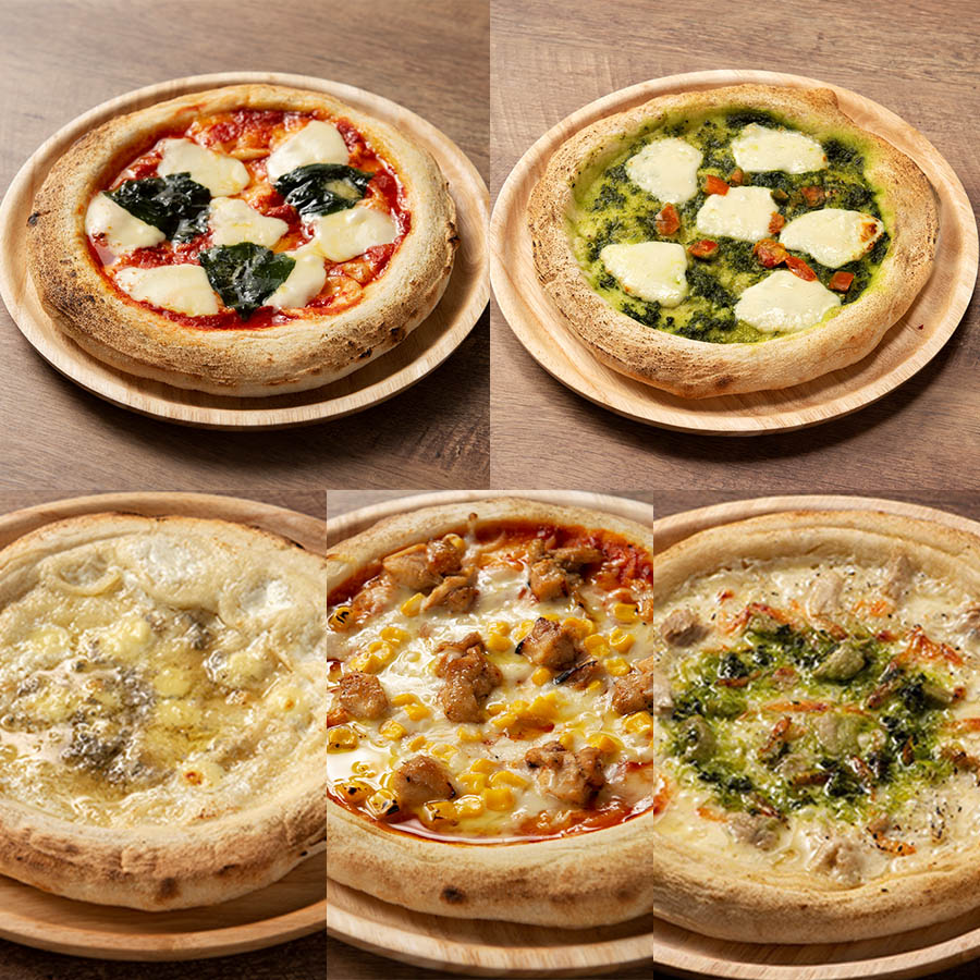 南の大地 THE PIZZA 5枚 Aセット（マルゲリータ、バジル、クワトロフォルマッジ、豊後どりの炭火焼、しらす・ツナ＆桜エビ）