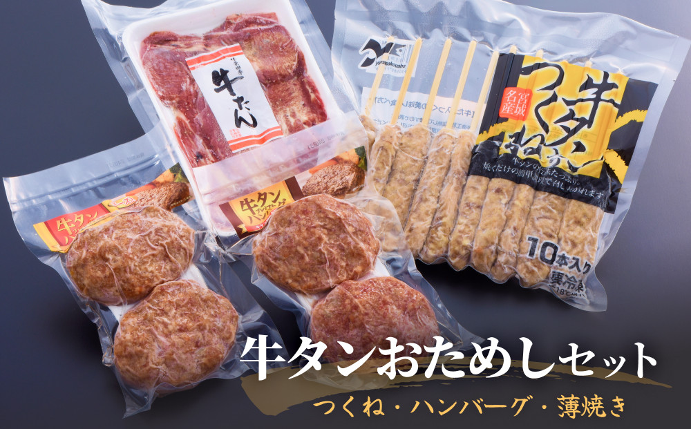 
            牛タンおためしセット 冷凍 食べ比べ 詰め合わせ 牛たんつくね 薄焼き牛たん ハンバーグ  チーズ入ハンバーグ  簡単調理 おかず おつまみ
          