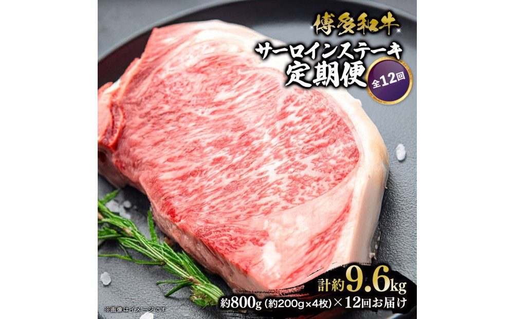
            博多和牛　サーロインステーキ　定期便全12回 計:約9.6kg【約800g（約200g×4枚）×12回】
          