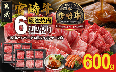 宮崎牛6種盛り焼肉食べ比べ600g+粗挽きウインナー90g×2袋_21-N201-ESW-CF_(都城市) 宮崎県産宮崎牛 サーロイン リブ ウデ モモ バラ 肩ロース 焼肉 焼肉 焼肉 焼肉 焼肉 牛肉 肉