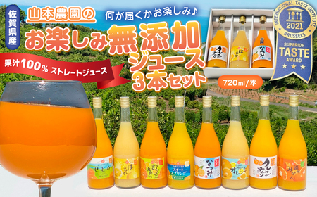 山本農園のお楽しみ無添加ジュース ３本セット 100％ジュース 無添加ジュース 無添加 ジュース みかんジュース 720ml 3本 温州みかん クレメンティン スイートスプリング せとか なつみ はるか おでこちゃん ニューサマーオレンジ 温州 みかん ミカン 蜜柑 温州蜜柑 温州ミカン フルーツ くだもの 果物 ミネラル豊富 国産 贈答用 佐賀県 太良町 N118x1