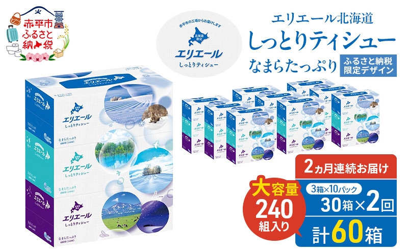 
                  【2ヵ月連続お届け・計60箱】エリエール 北海道 しっとりティシュー なまらたっぷり 240組3箱 10パック ふるさと納税限定デザイン ボックスティシュー 箱ティッシュ ペーパー 備蓄品 花粉 保湿成分
                