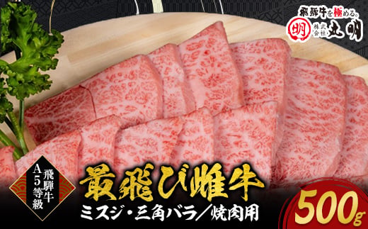 【最飛び雌牛】飛騨牛A5等級ミスジ・三角バラ焼肉用　500g_牛肉 肉 和牛 黒毛和牛 ミスジ バラ 焼肉 人気 お取り寄せ グルメ 冷凍牛肉 ブランド牛肉 バーベキュー 丸明【1520156】
