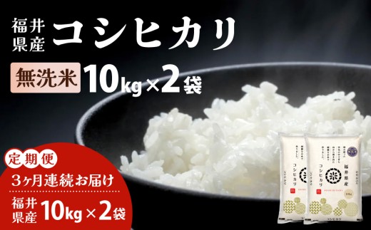 【定期便3回】福井県産 コシヒカリ 無洗米 20kg（10kg×2）＜令和7年産＞【米 コメ お米 精米 白米 無洗米 玄米 ご飯 飯 こしひかり ブランド米 国産】[095-t03-a215]