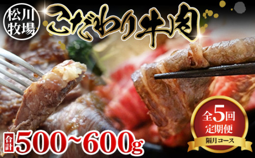 松川牧場のこだわり牛肉＊バラエティ定期便【隔月定期便計5回】 ／冷凍 500g ～ 600g 精肉 焼肉 すき焼き しゃぶしゃぶ ステーキ 国産牛 牧場直送 ごちそう 肉ギフト お楽しみ 食べ比べ 家族向け おうち焼肉 定期配送 高級肉 No.216