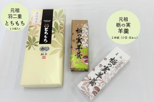 
                  元祖羽二重とちもち１０個入り+栃の実羊羹２本組（小豆・白あん＊5月～8月は小豆の2本組）
                