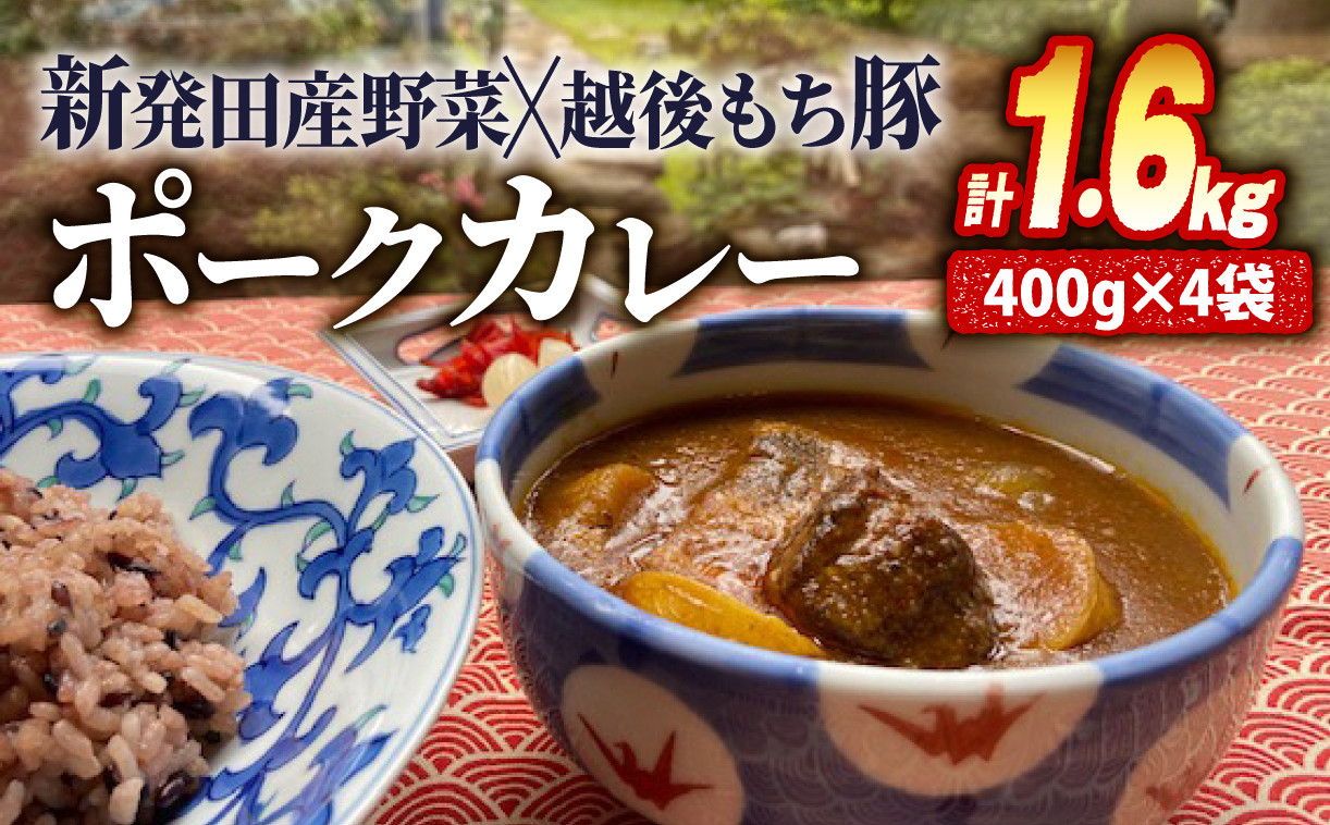 
            ポークカレー 4食 計1.6kg 冷凍 カレー 国産 豚肉 400g 越後もち豚 野菜 地元 簡単 贈答 レトルト 保存食 備蓄 時短 城下町しばたの恵み咖喱パック 志まや 割烹 新発田市 新潟 J33
          