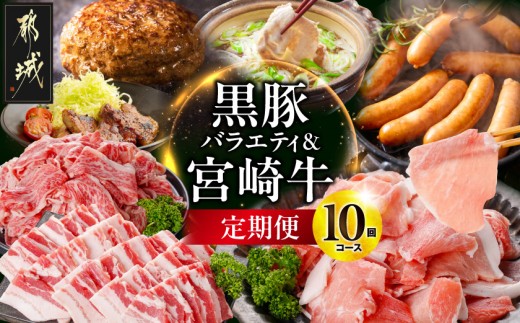 
                  【10回定期便】選んで損なし!黒豚バラエティ&宮崎牛定期便_N4-012-T10_(都城市) 宮崎県 牛肉 黒毛和牛 ブランド牛 宮崎牛 黒豚 定期便 肉 セット 詰め合わせ ハンバーグ しゃぶしゃぶ 焼肉 切り落とし ソーセージ 味噌漬け
                