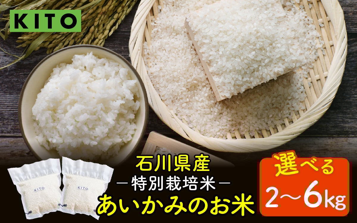 
            【先行予約 令和7年産】【容量が選べる】KITO あいかみのお米 2kg  or  6kg  石川県産  特別栽培米 【コシヒカリ・つきあかり・ミルキークイーンのいずれか届く】 / 新米 令和7年産 米 単一原料米 国産 こめ コメ 白米 食品 常温 ご飯 お取り寄せ 送料無料 
          