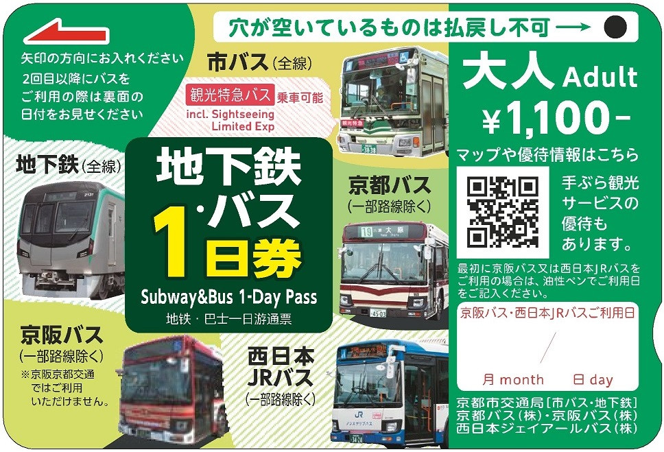 【京都市交通局】地下鉄・バス１日券（大人券２枚セット）｜電車 バス 乗車 1日 チケット［ 京都市営地下鉄 バス全線 京都バス 京阪バス 西日本JRバス 1日券 乗り放題  地下鉄・バスなび マップ付