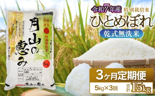【3ヶ月定期便】 令和7年産 特別栽培米 ひとめぼれ 乾式無洗米 5kg (5kg×1袋) ×3回　毎月1回中旬発送 山形県鶴岡市産 米工房月山 | こめ 定期便 東北 山形 鶴岡 国産 ブランド米 米どころ 庄内米 人気 贈答 ギフト プレゼント 炊き上がり ふっくら 食感 もっちり 甘い うま味 バランス 良好 和食 洋食 中華 ピッタリ お弁当 おすすめ 農家直送