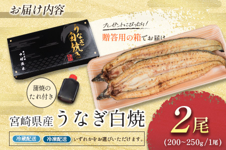 お中元対応「玄人の一品」うなぎ 白焼き ギフト 2尾（200～250g/1尾あたり）宮崎県産鰻 蒲焼きタレ付（50ml×1本）配送日指定可 国産 有頭 熨斗 贈答品【N65-25】