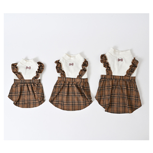 ケーブル風ジャージチェックワンピース ブラウン チェック柄 犬服 ドッグウェア【ココアトワ(cocoAtoi)】 Ｍ