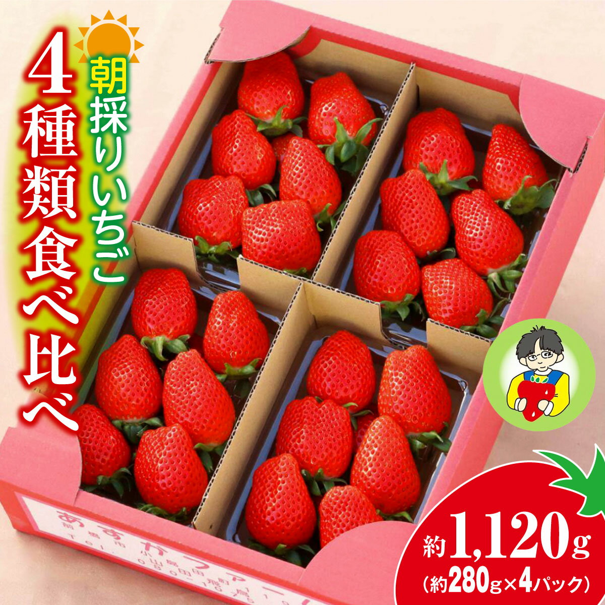 【ふるさと納税】＜2026年 先行予約＞4種類食べ比べ 約280g×4パック｜コク 甘み 朝採れ やよいひめ ななか 恋みのり あまおとめ あすかルビー 贈答用 新鮮 完熟 いちご 旬 苺 産地直送 果汁 甘い 人気 高評価 減農薬 美容 健康 旨味 高糖度 ごほうび 群馬県 前橋市 R5-82