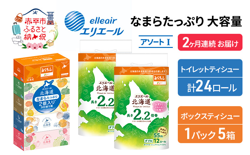 定期便 2ヵ月連続お届け エリエール 収納に便利 コンパクト [アソートI] なまらたっぷり 大容量 トイレットペーパー ティッシュ トイレ ボックスティッシュ 防災 ひとり暮らし 紙 常備品 備蓄品 消耗品 日用品 生活必需品 送料無料 赤平市