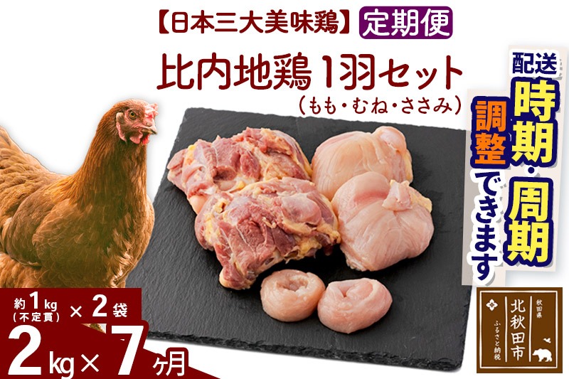 《定期便7ヶ月》 比内地鶏 1羽セット（もも・むね・ささみ） 約2kg（約1kg（不定貫）×2袋）×7回 計14kg 時期選べる お届け周期調整可能 7か月 7ヵ月 7カ月 7ケ月 14キロ 国産 冷凍 正肉 鶏肉 鳥肉|jaat-021207