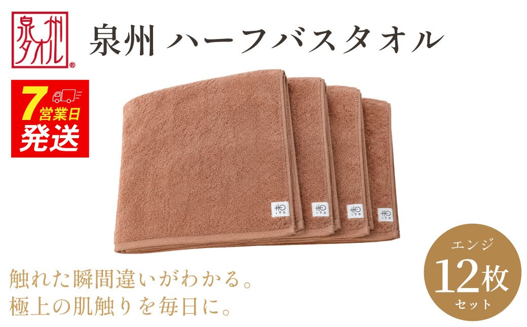 
                  【泉州タオル】ハーフバスタオル12枚入（エンジ） 33cm×120cm 綿100% コットン 超長繊維綿 ピマコットン 洗顔 お風呂 プール バス用品 小物 雑貨 大阪府 阪南市 送料無料 旭紡績株式会社
                