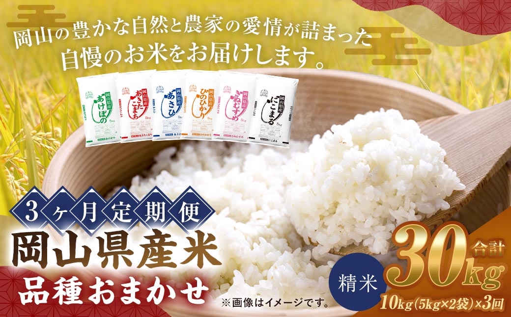 
                  【 3ヶ月定期 】 【 令和8年産 】 岡山県産米 品種おまかせ 10kg （ 5kg × 2袋 ） お米 米 こめ コメ 白米 精米 白飯 飯 ご飯 きぬむすめ あきたこまち ひのひかり あけぼの にこまる あさひ おにぎり 和食 国産 ブランド米 ブランド 定期便 【 2026年11月上旬から2027年6月下旬迄発送予定 】
                