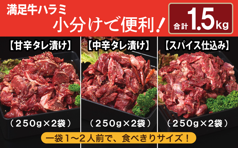 【満足牛ハラミ】3種セット （甘辛タレ漬け・中辛タレ漬け・オリジナルスパイス仕込み） 合計1.5kg 【味付け ハラミ 小分け 焼くだけ 簡単調理 BBQ 牛肉 250g×6P】 015B500