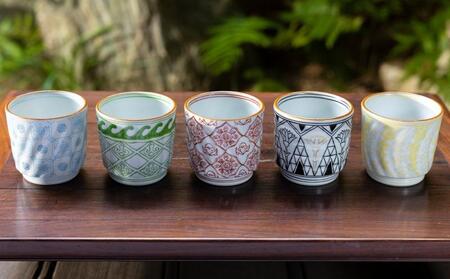 【柳桜園×京焼】最高級茶各種詰合せ×京焼茶器セット（叶松谷作 洋彩幾何文湯碗5客)