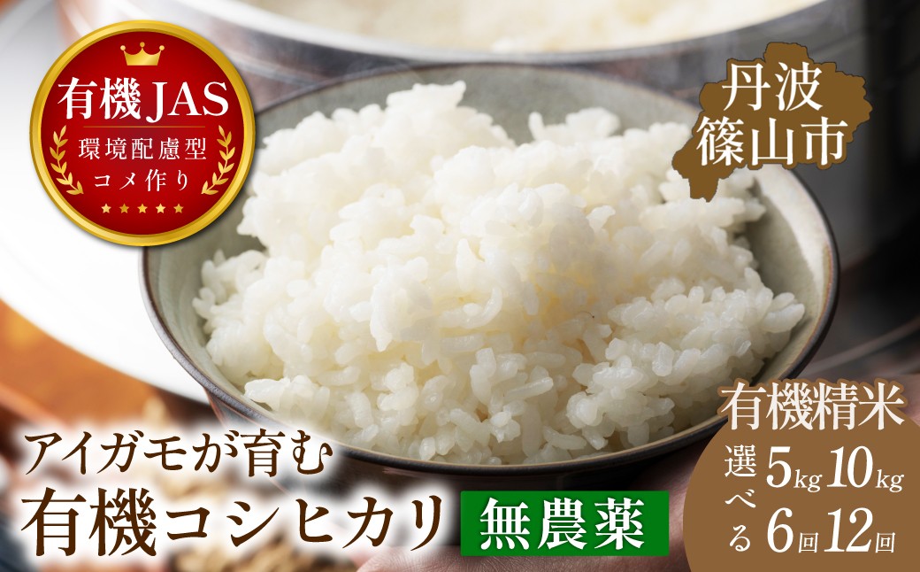 
                  〈定期便 令和８年産早期予約〉5kg・10kg × 6回・12回 有機JAS認証 アイガモが育む コシヒカリ 精米 ｜兵庫県 丹波篠山市産  白米 米 コメ こめ こしひかり 有機栽培 農家直送
                