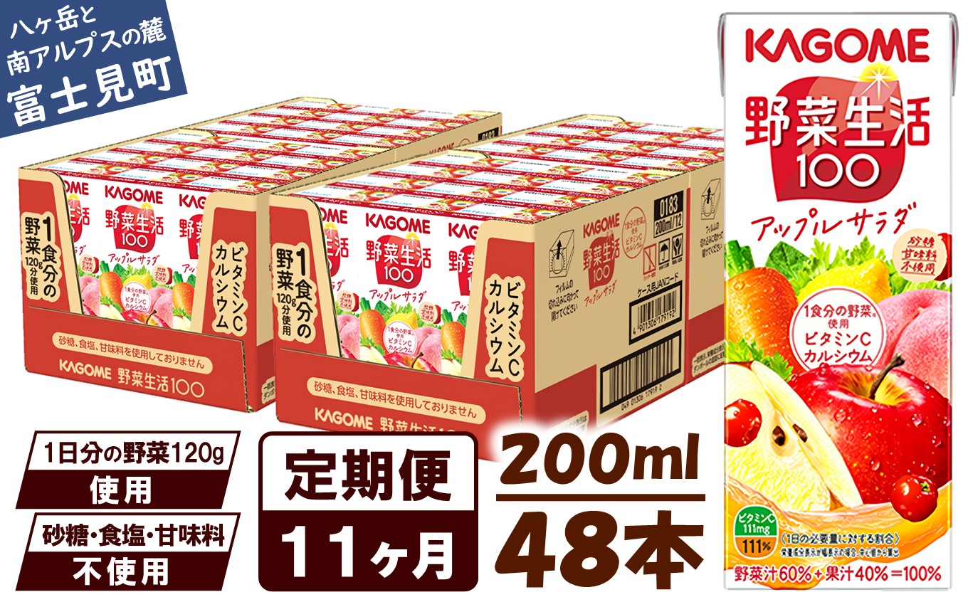【 定期便 11ヶ月連続お届け】カゴメ 野菜生活100 アップルサラダ 200ml×48本 ジュース 野菜 果実ミックスジュース 果汁飲料 紙パック 砂糖不使用 1食分の野菜 カルシウム ビタミンA ビタミンC にんじん汁 飲料類 ドリンク 野菜ドリンク 備蓄 長期保存 防災 飲みもの