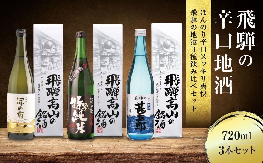 
            ほんのり辛口スッキリ爽快 飛騨の辛口地酒セット | 大吟醸 深山菊 秘蔵 特別純米 爽酒 甚五郎 日本酒 お酒 酒 利き酒 飲み比べ セット 飛騨 高山 舩坂酒造店 FB048VP
          