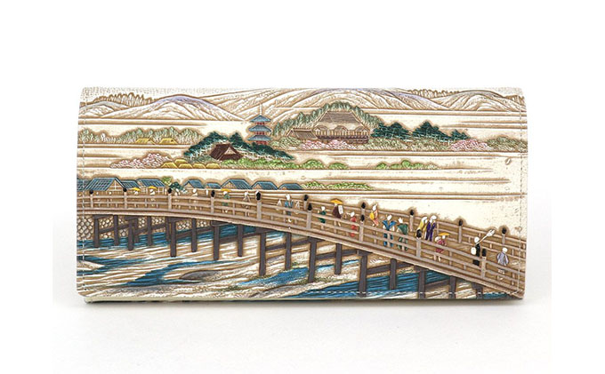 【文庫屋大関】スッキリ大人の財布　束入れ　浮世絵　三条大橋【皮革工芸品】 ファッション小物 手作業 手塗 