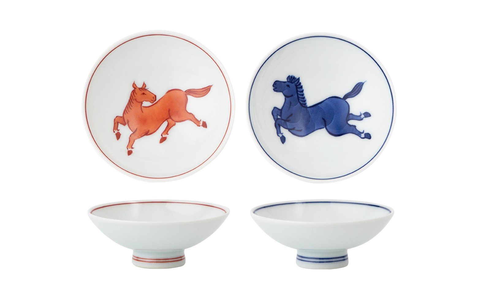 愉し気な紺朱の馬が縁起の良い盃のセットです。