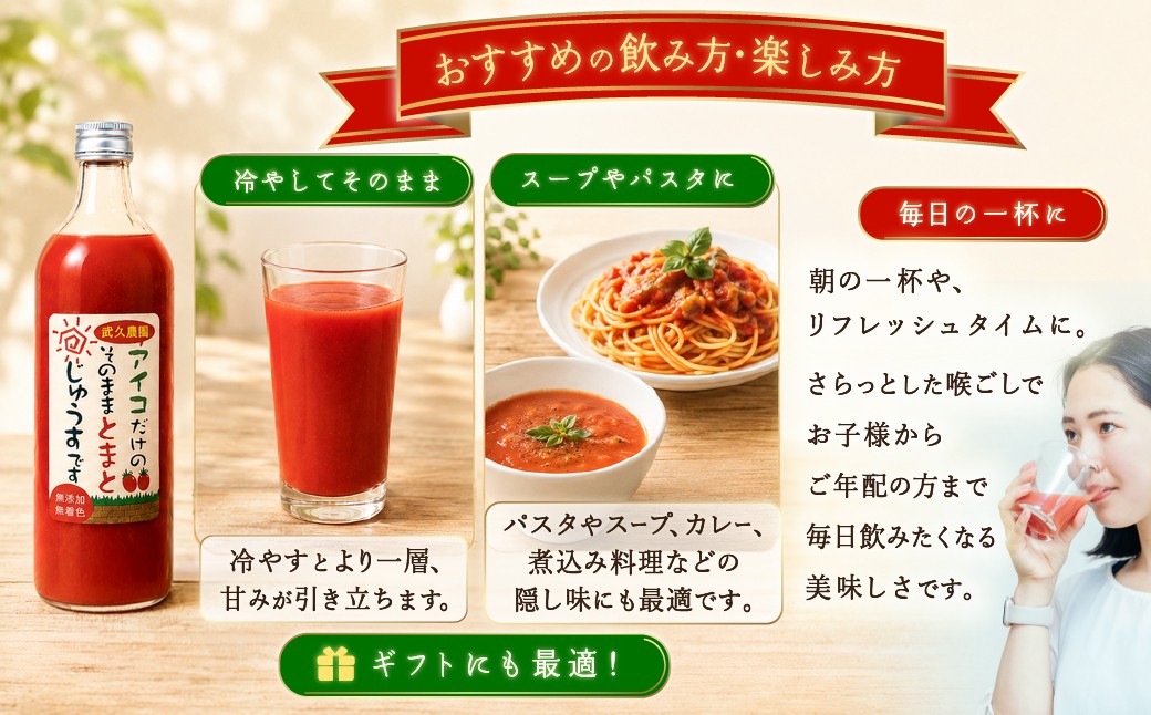 武久農園 アイコトマト だけ そのまま トマトジュース 900ml 1本 無添加 無着色 水・塩・砂糖不使用 野菜汁 100％