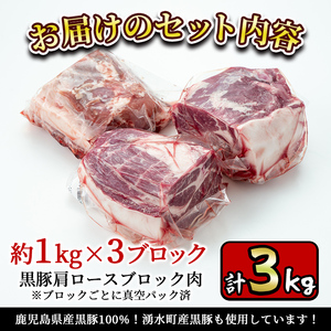 y201-v02 特選！鹿児島産黒豚肩ロースブロック(計3kg) 国産 九州産 黒豚 豚肉 ぶた肉 お肉 ステーキ 肩ロース ブロック 真空パック 焼肉 BBQ バーベキュー シチュー 冷凍【財宝】