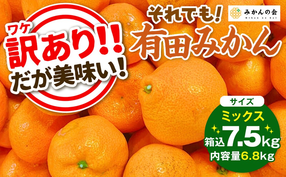 訳あり それでも 有田みかん 箱込 7.5kg (内容量約 6.8kg)  サイズミックス B品 有田みかん 和歌山県産 産地直送 家庭用［2025年11月中旬より2026年1月中旬頃順次出荷予定］［みかんの会］ 	AX212