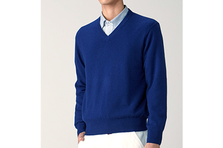 日本製 カシミヤ100% Vセーター ブルー Mサイズ [2602]