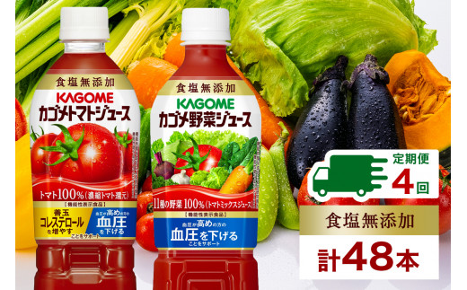 定期便 3ヵ月毎全4回 カゴメ トマトジュース ＆ 野菜ジュース 食塩無添加 スマートPET 720ml 2種 各6本 計12本 トマト 野菜 100％ ジュース 機能性表示食品 食塩不使用 飲料 ドリンク ペットボトル GABA 血圧 コレステロール KAGOME 送料無料 那須塩原市 ns038-025