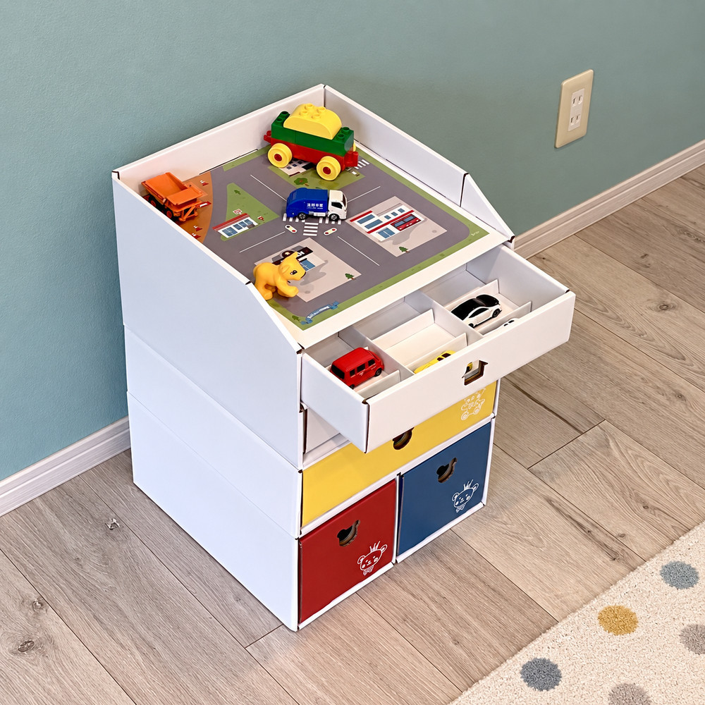 子供用ダンボール家具　ジュニアデスクチェア＆お片づけボックス＆１個・２個引き出しセット◇【白】