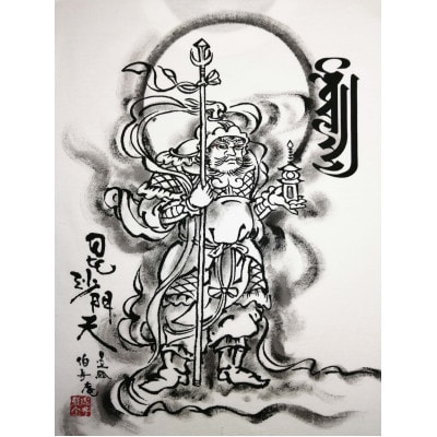 手描きTシャツ 仏画 毘沙門天 白 (半袖 Mサイズ)【1615037】
