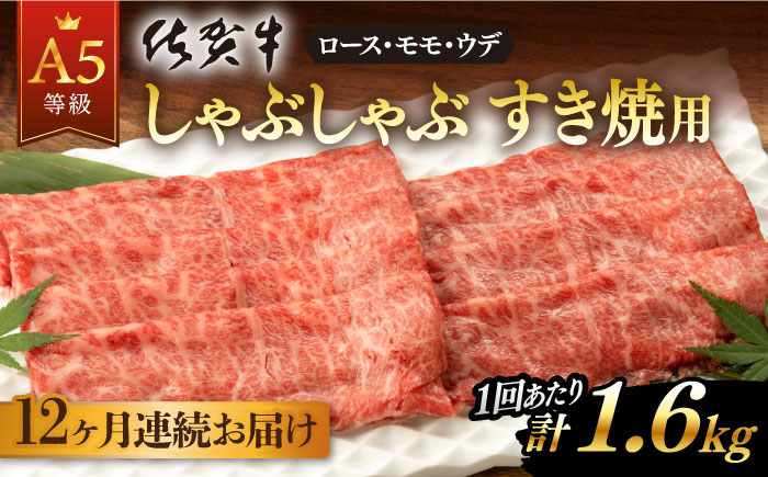 【12回定期便】 佐賀牛 A5 しゃぶしゃぶすき焼き用 厳選部位 1.6kg(400g×4p)【桑原畜産】 [NAB473]