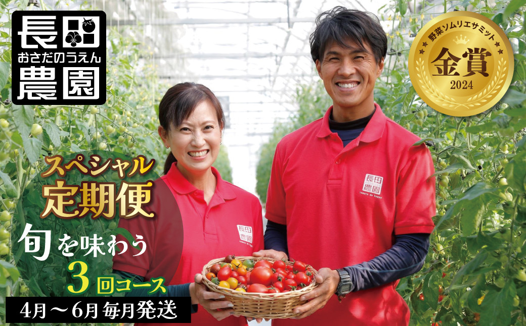
                  【2027年発送】【4月～6月の定期便】トマト好き全員集合 トマト・トマト・トマト3か月お届けパック 野菜ソムリエサミット 金賞 受賞 長田農園 産地直送 トマト とまと 野菜 やさい フルーツ サラダ 濃厚 甘い ご褒美 プレゼント 美容 健康 リピート多数 人気 高評価 数量限定 碧南市　H004-173
                