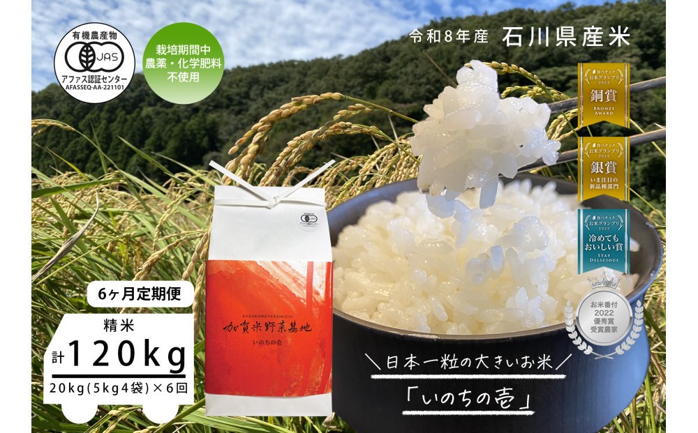 
                  《令和8年産 新米 先行予約》「6ヶ月定期便」【お米グランプリ3部門受賞】＜有機JAS認証米＞日本一粒の大きいお米『いのちの壱』白米20kg×6回
                