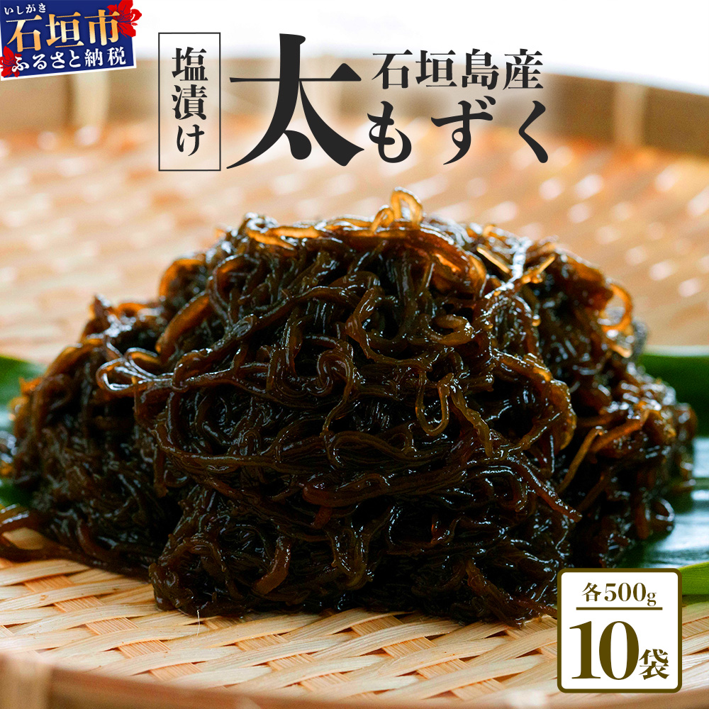 石垣島産 八重山地方で育った養殖もずく10パック・内容量500g×10 合計5kg【 沖縄県 石垣市 養殖 水雲 海藻 もずく フコイダン 塩もずく 太もずく 】SI-072