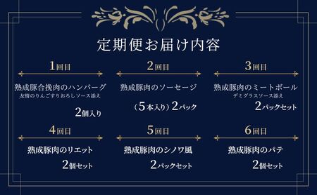 【6ヶ月連続お届け】【長谷川自然牧場産豚肉使用】【お家レストラン】レストラン山崎　満喫定期便  熟成豚肉使用　ハンバーグ2パック/ソーセージ【5本入り】2パック/ミートボール2パック/リエット2個/シ