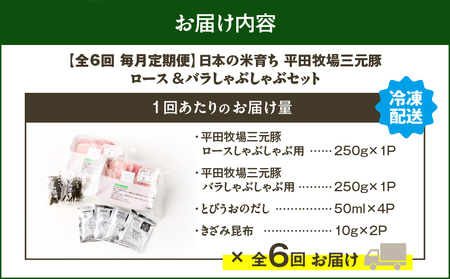 【 全6回 毎月 定期便 】 日本 の 米育ち 平田牧場 三元豚ロース 250g ・ バラ しゃぶしゃぶ ロース 250g T036-T02-02 肉 豚肉