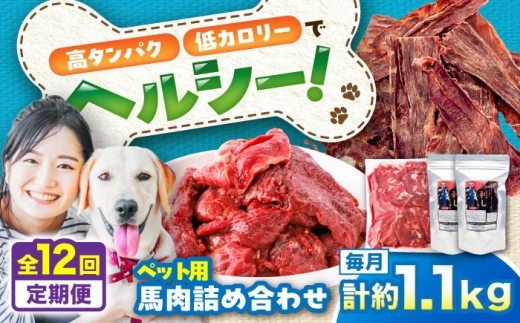【全12回定期便】詰め合わせ 国内加工 ペット用 馬肉 切り落とし 約1kg ペット用 馬刺しジャーキー 約100g(約50g×2) / ドッグフード どっくふーど ペット ぺっと ペットフード ぺっとふーど ジャーキー じゃーきー 詰合せ 犬 馬 馬肉 エサ ペット おやつ ペット用品 犬用 ヘルシー 国内加工 熊本県 菊陽町【五右衛門フーズ】 [BHCY068]