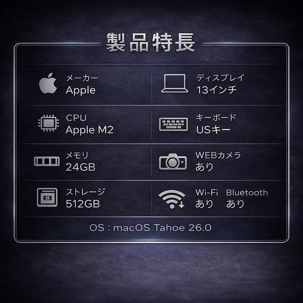 【厳選整備済｜法人リースアップ品】MacBook Air 13インチ M2 / 24GB / 512GB SSD｜★美品・動作確認済【現品限り】　476-03