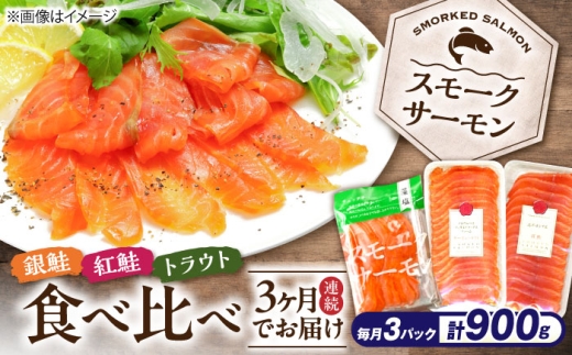 【全3回定期便】毎月異なる魚種が届く♪スモークサーモン3パック 滋賀県長浜市/株式会社中村屋 [AQAJ093] スモークサーモン サーモン 鮭 さけ しゃけ 定期便 魚介 海鮮 魚 銀鮭 紅鮭 トラウトサーモン トラウト おかず 惣菜 洋食 サラダ カルパッチョ サンドイッチ すし 寿司 スライス シーフード 小分け  滋賀県 長浜市 人気 おすすめ ギフト プレゼント