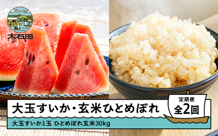【2回定期便】大玉すいか 米 新米 ひとめぼれ 玄米 30kg 令和8年産 gt-tkshx30
